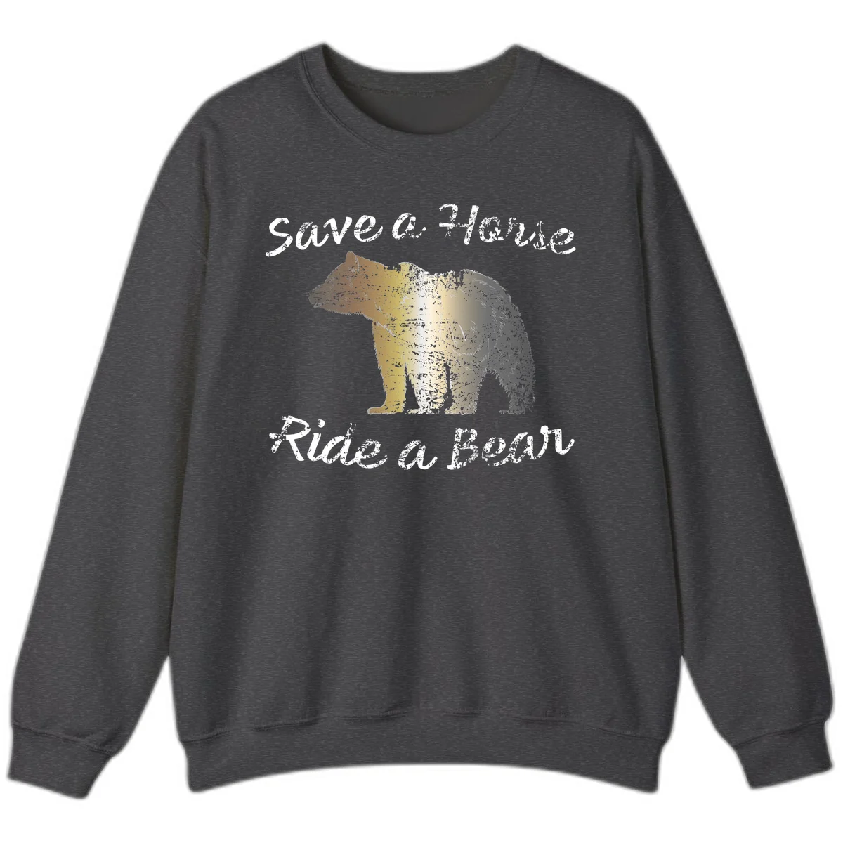 Distressed grunge bear illustration in orange and yellow with 'Save a Bear' text for wildlife conservation awareness in Dark Heather