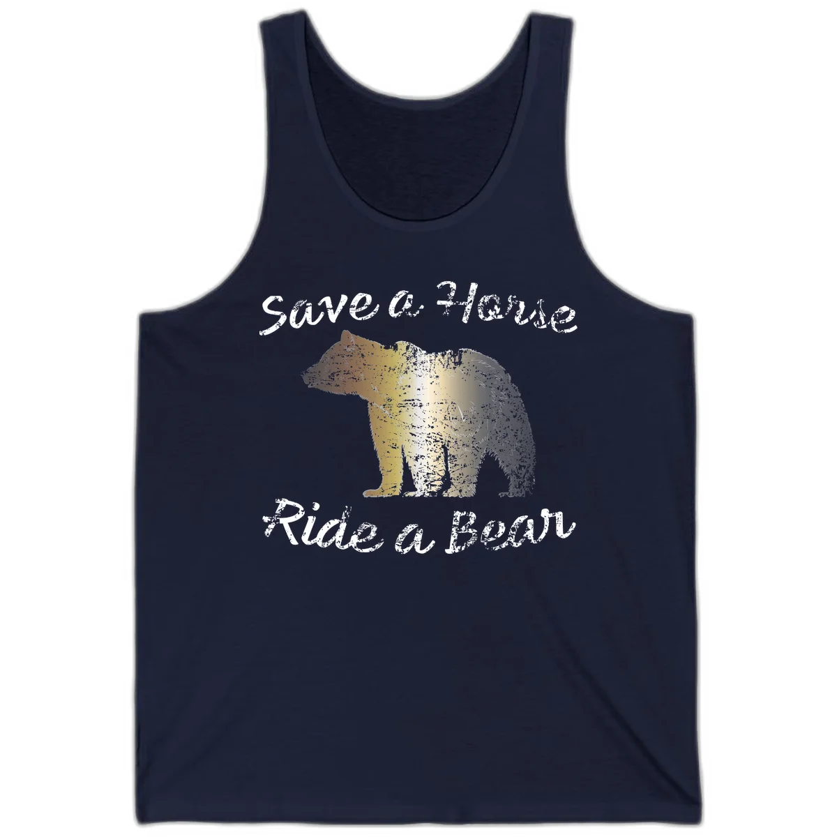 Distressed grunge bear illustration in orange and yellow with 'Save a Bear' text for wildlife conservation awareness in Navy