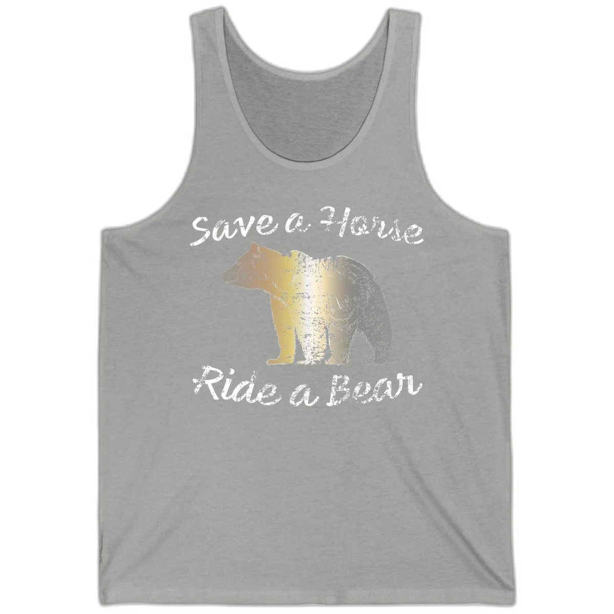 Distressed grunge bear illustration in orange and yellow with 'Save a Bear' text for wildlife conservation awareness in Athletic Heather