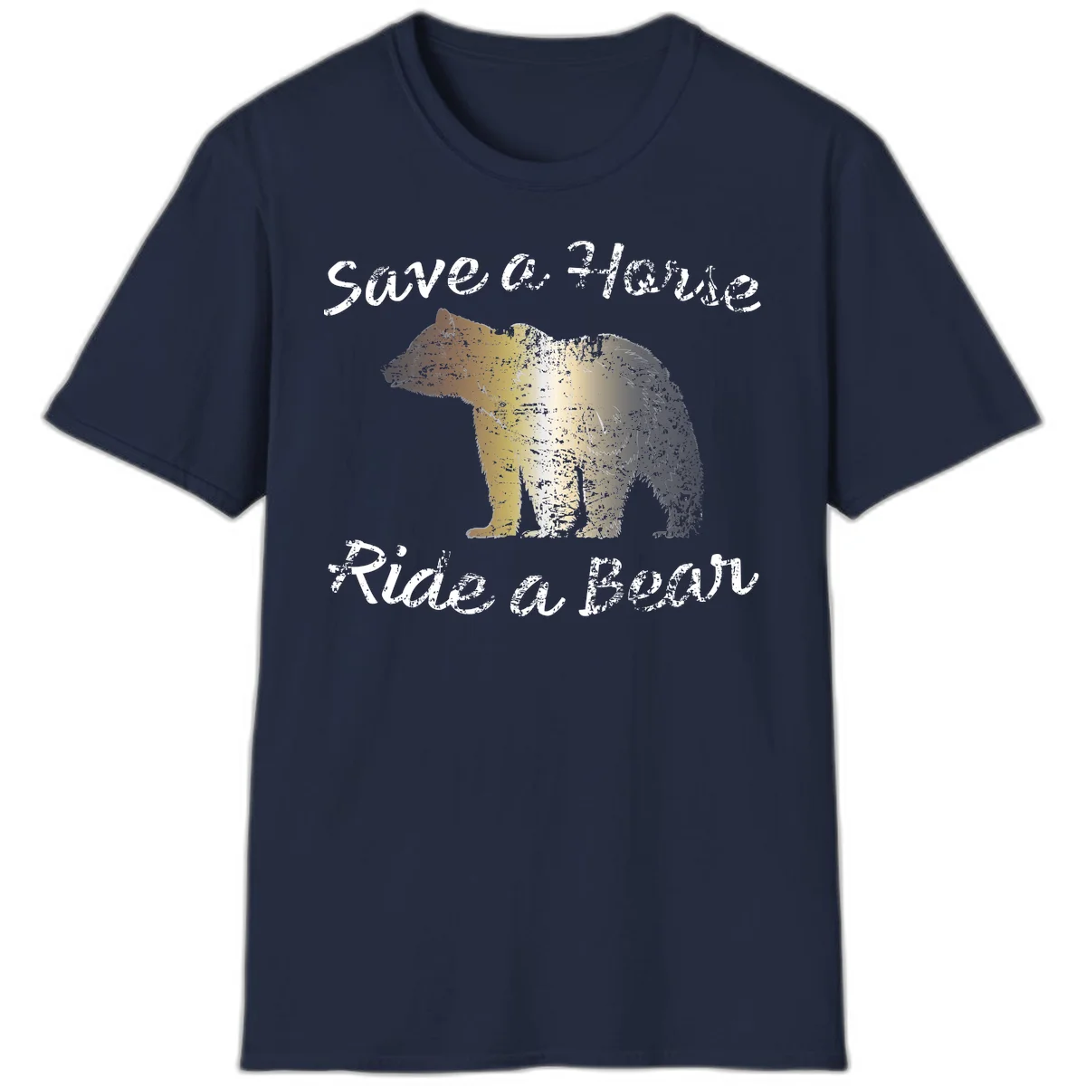 Distressed grunge bear illustration in orange and yellow with 'Save a Bear' text for wildlife conservation awareness in Navy
