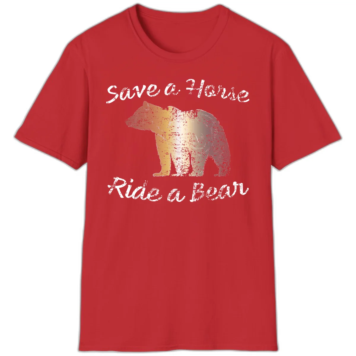 Distressed grunge bear illustration in orange and yellow with 'Save a Bear' text for wildlife conservation awareness in Red