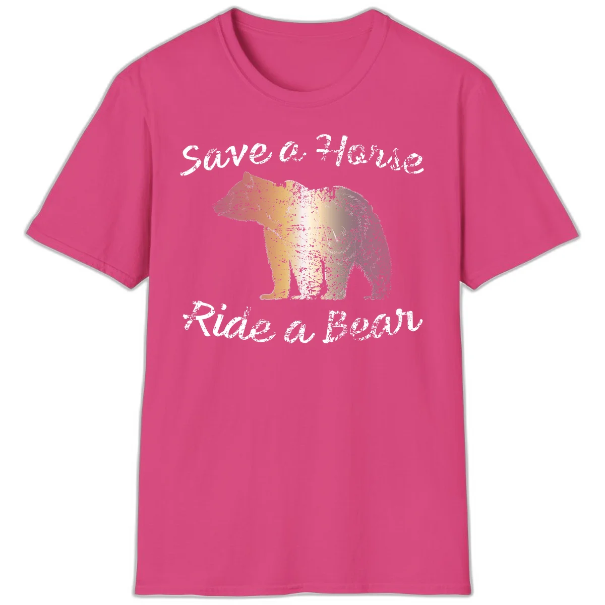 Distressed grunge bear illustration in orange and yellow with 'Save a Bear' text for wildlife conservation awareness in Heliconia