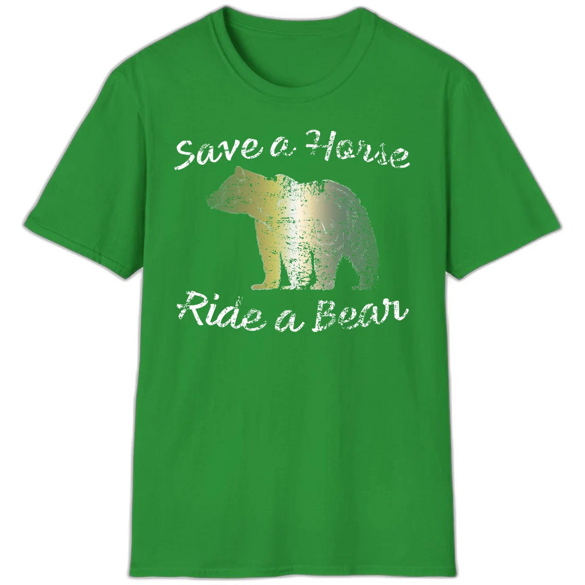 Distressed grunge bear illustration in orange and yellow with 'Save a Bear' text for wildlife conservation awareness in Irish Green