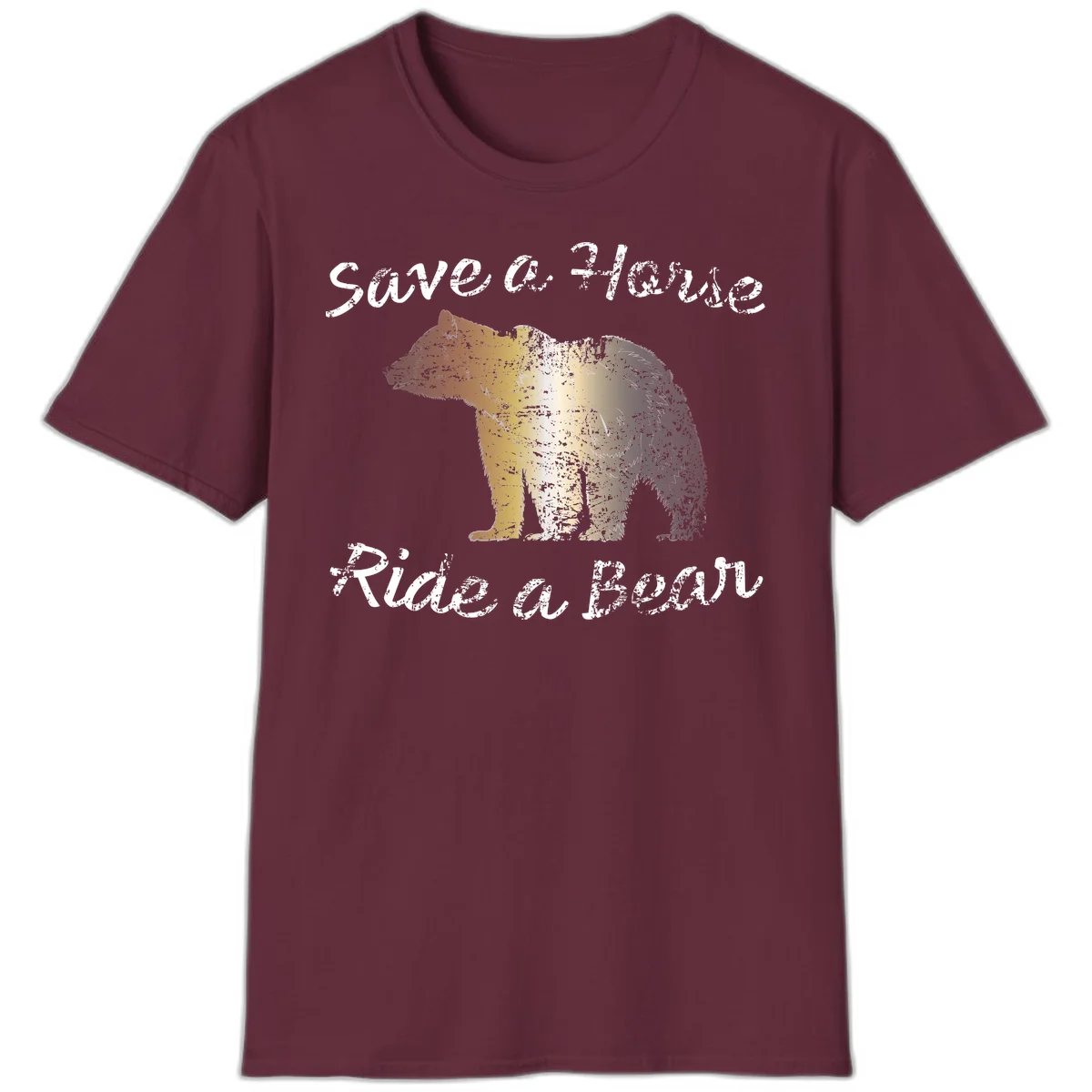 Distressed grunge bear illustration in orange and yellow with 'Save a Bear' text for wildlife conservation awareness in Maroon