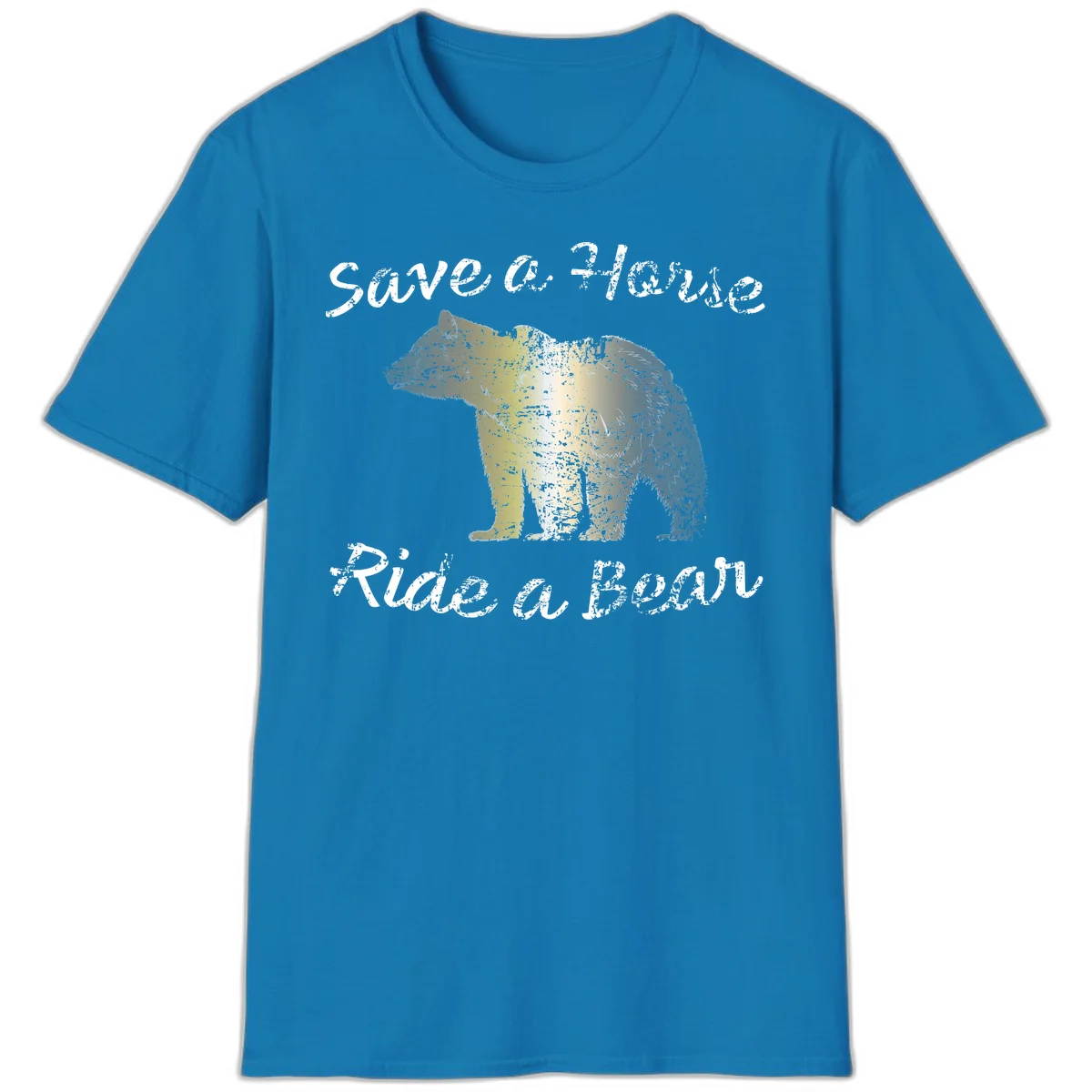 Distressed grunge bear illustration in orange and yellow with 'Save a Bear' text for wildlife conservation awareness in Sapphire