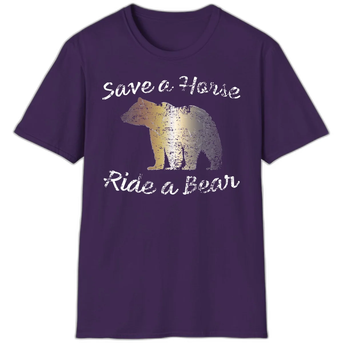 Distressed grunge bear illustration in orange and yellow with 'Save a Bear' text for wildlife conservation awareness in Purple