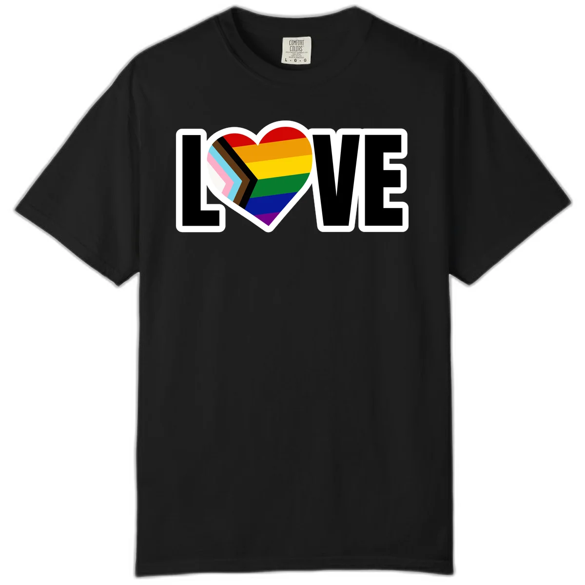 Love is love pride design featuring large black text with a rainbow heart containing the progress pride flag chevron stripes in Black