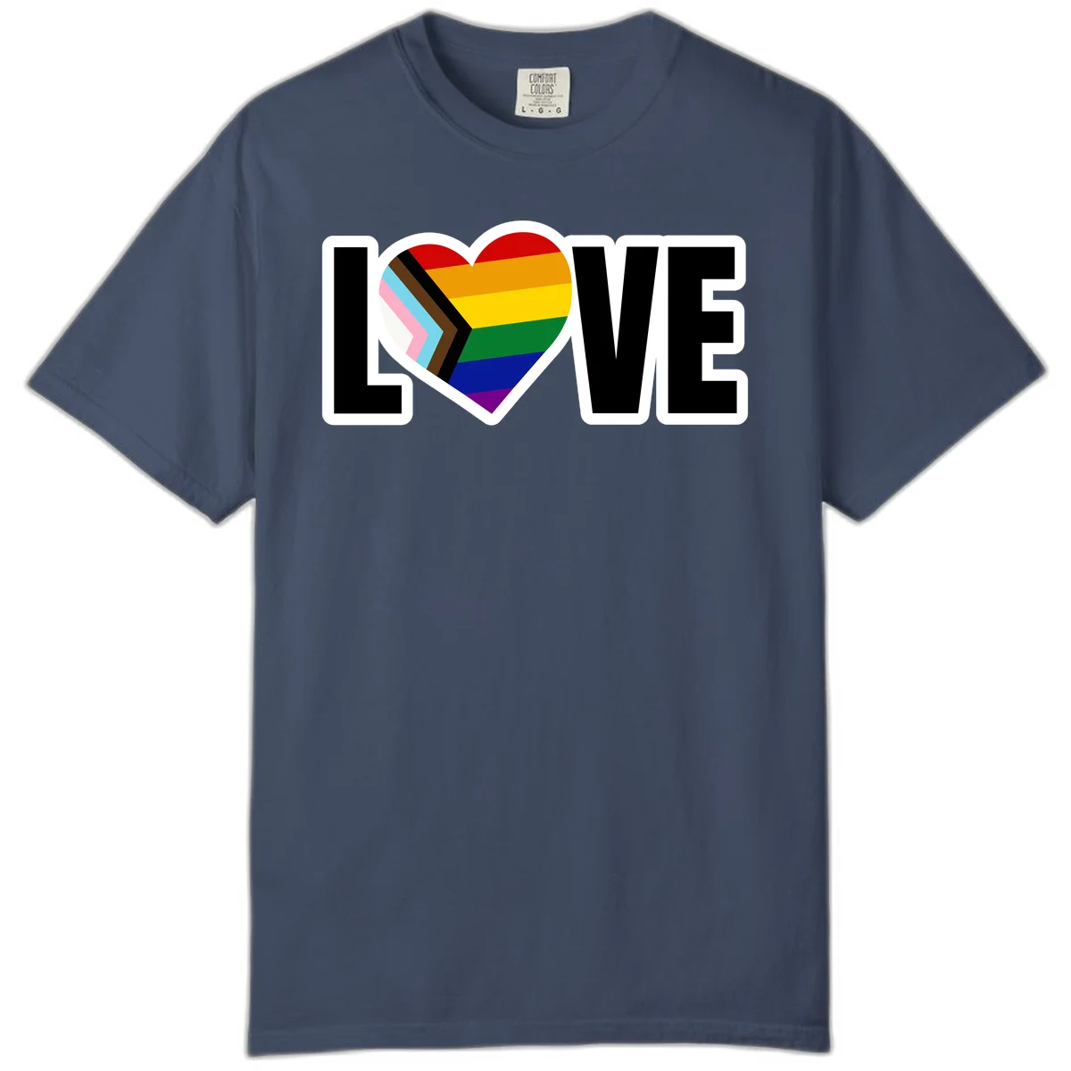 Love is love pride design featuring large black text with a rainbow heart containing the progress pride flag chevron stripes in Midnight