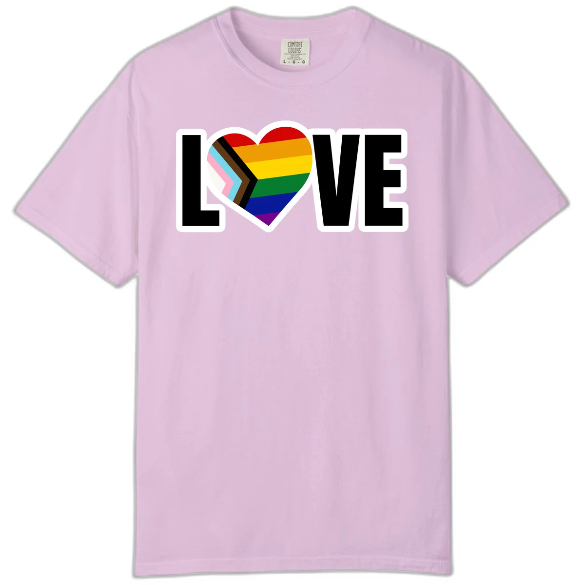 Love is love pride design featuring large black text with a rainbow heart containing the progress pride flag chevron stripes in Orchid