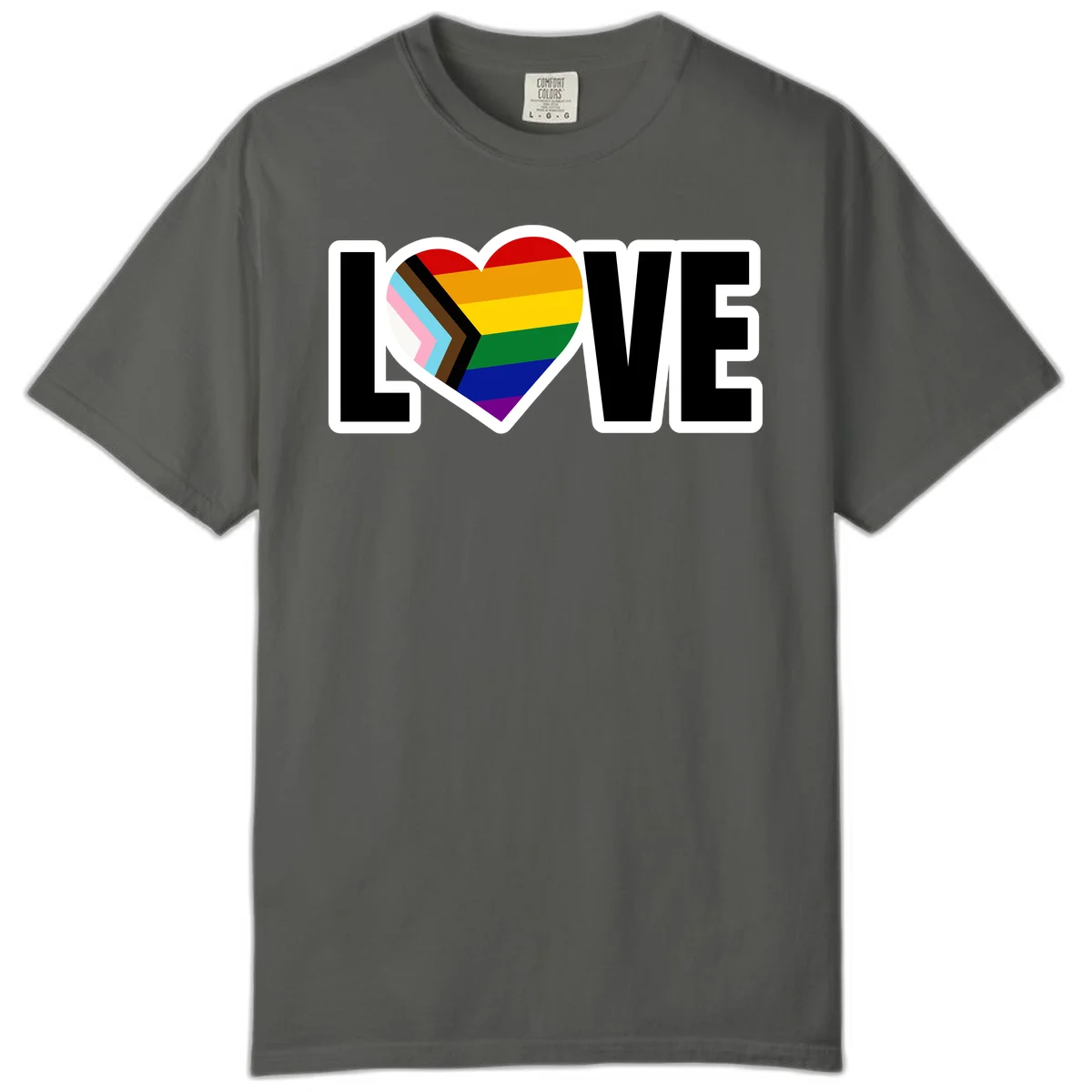 Love is love pride design featuring large black text with a rainbow heart containing the progress pride flag chevron stripes in Pepper