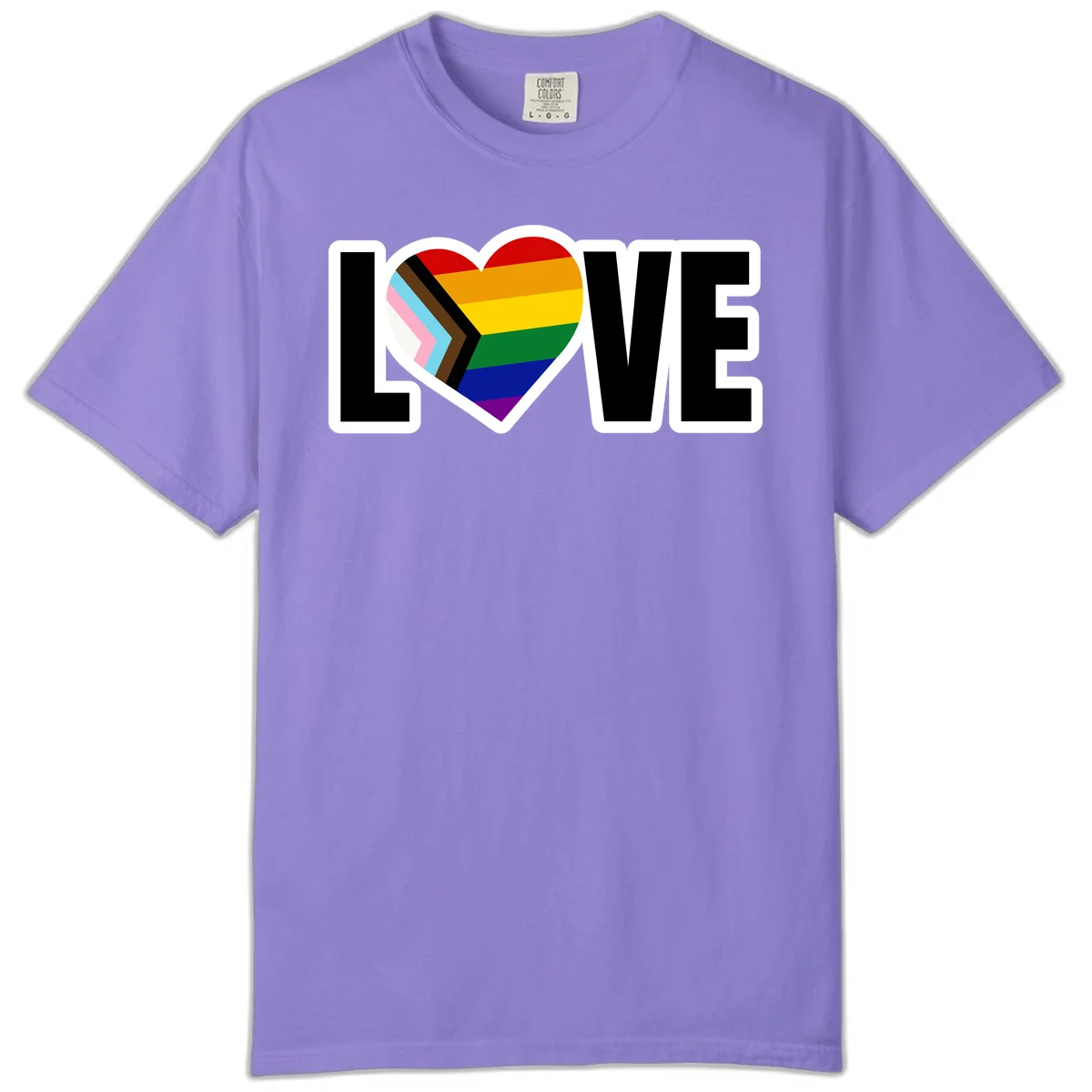 Love is love pride design featuring large black text with a rainbow heart containing the progress pride flag chevron stripes in Violet