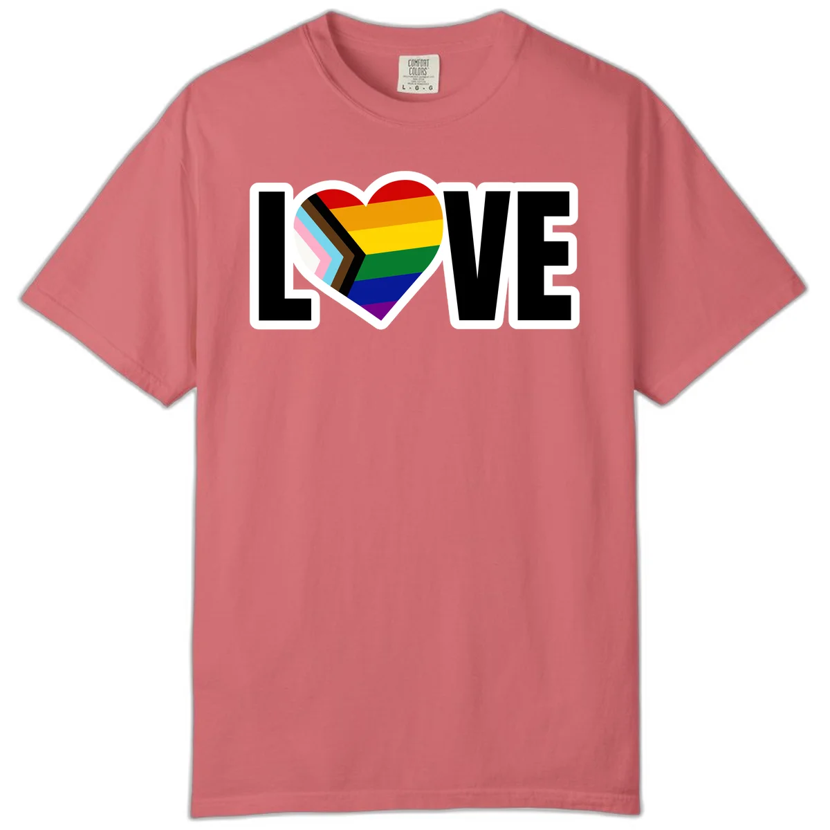 Love is love pride design featuring large black text with a rainbow heart containing the progress pride flag chevron stripes in Watermelon