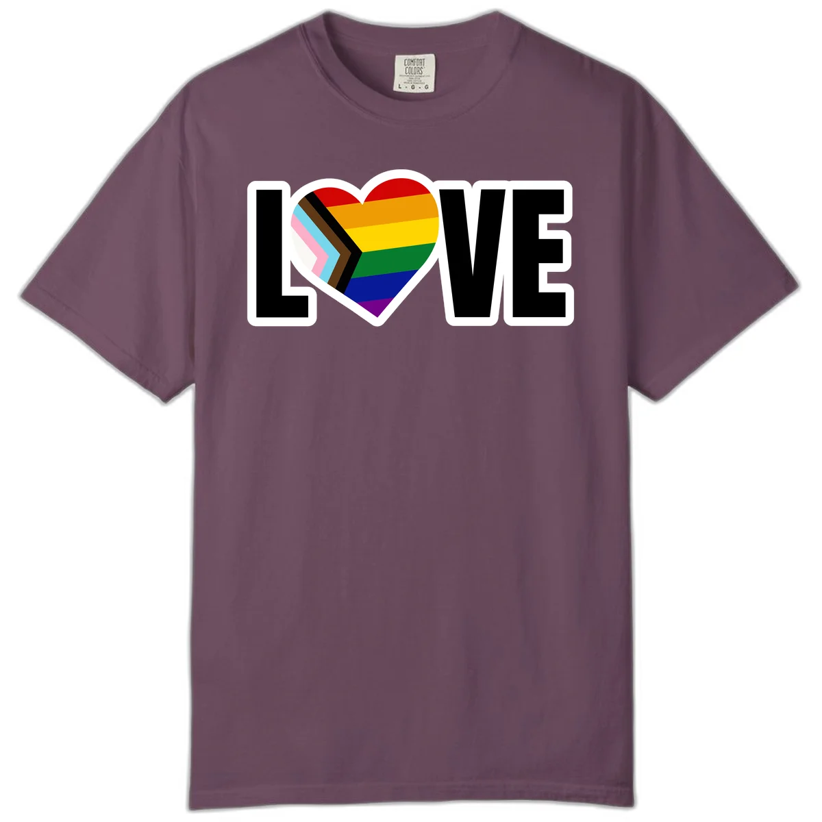 Love is love pride design featuring large black text with a rainbow heart containing the progress pride flag chevron stripes in Berry