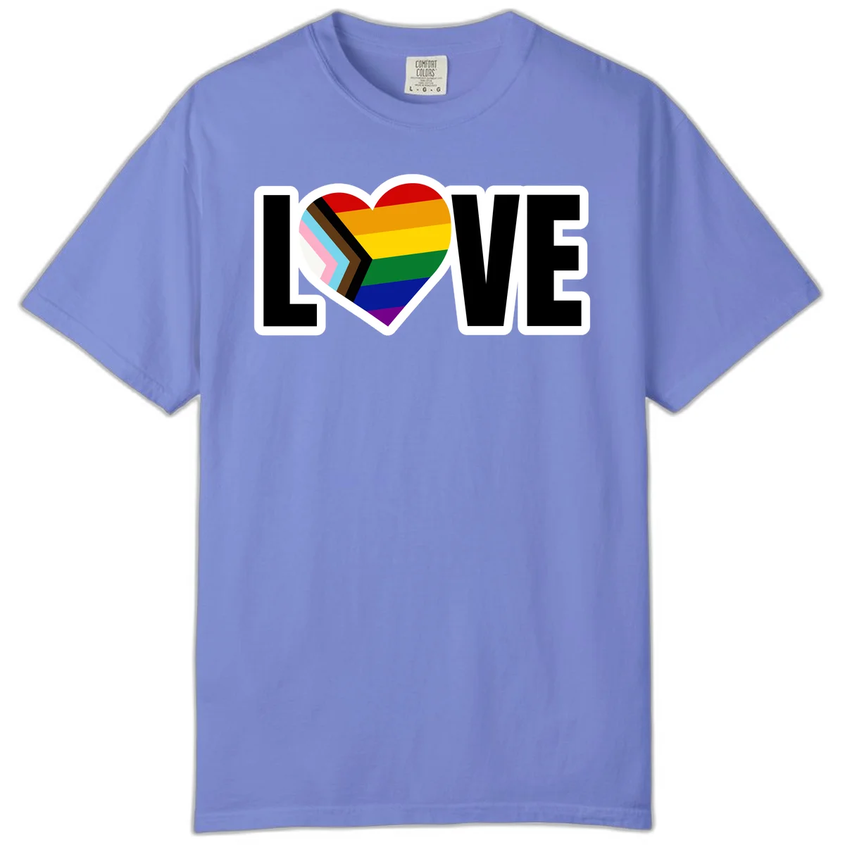 Love is love pride design featuring large black text with a rainbow heart containing the progress pride flag chevron stripes in Flo Blue