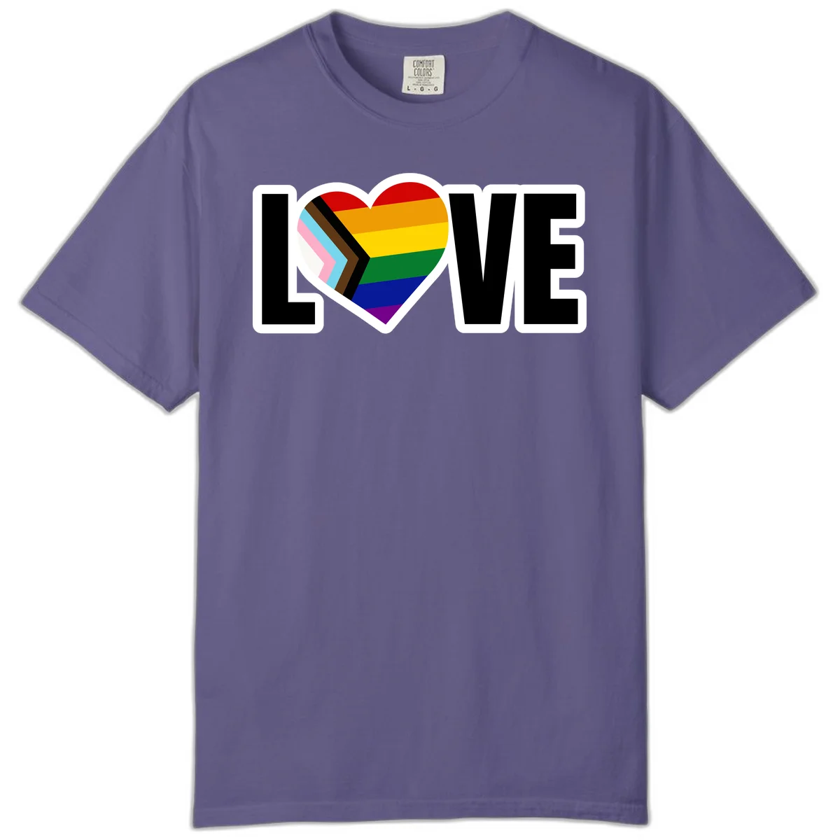 Love is love pride design featuring large black text with a rainbow heart containing the progress pride flag chevron stripes in Grape