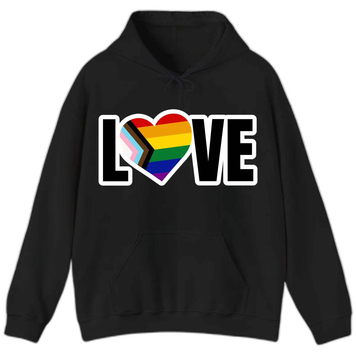 Love is love pride design featuring large black text with a rainbow heart containing the progress pride flag chevron stripes in Black