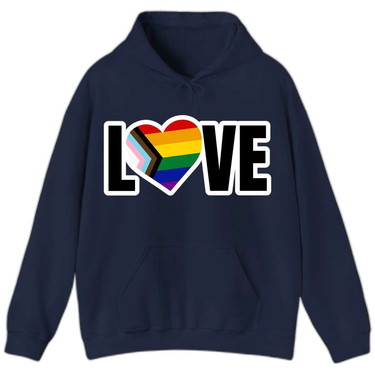 Love is love pride design featuring large black text with a rainbow heart containing the progress pride flag chevron stripes in Navy