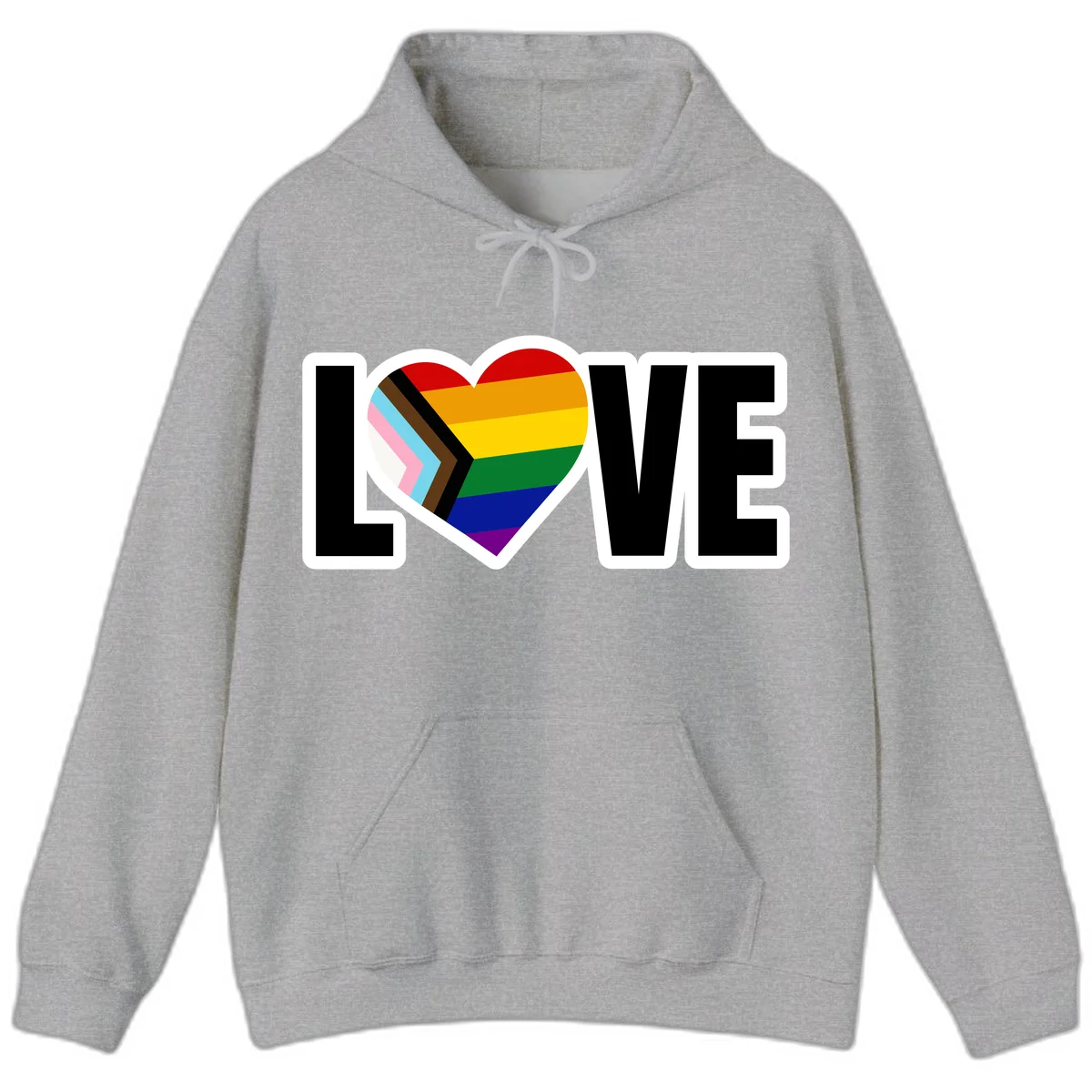 Love is love pride design featuring large black text with a rainbow heart containing the progress pride flag chevron stripes in Sport Grey