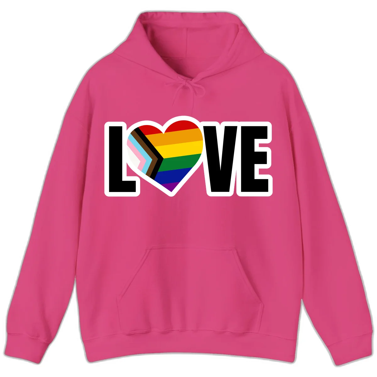Love is love pride design featuring large black text with a rainbow heart containing the progress pride flag chevron stripes in Heliconia