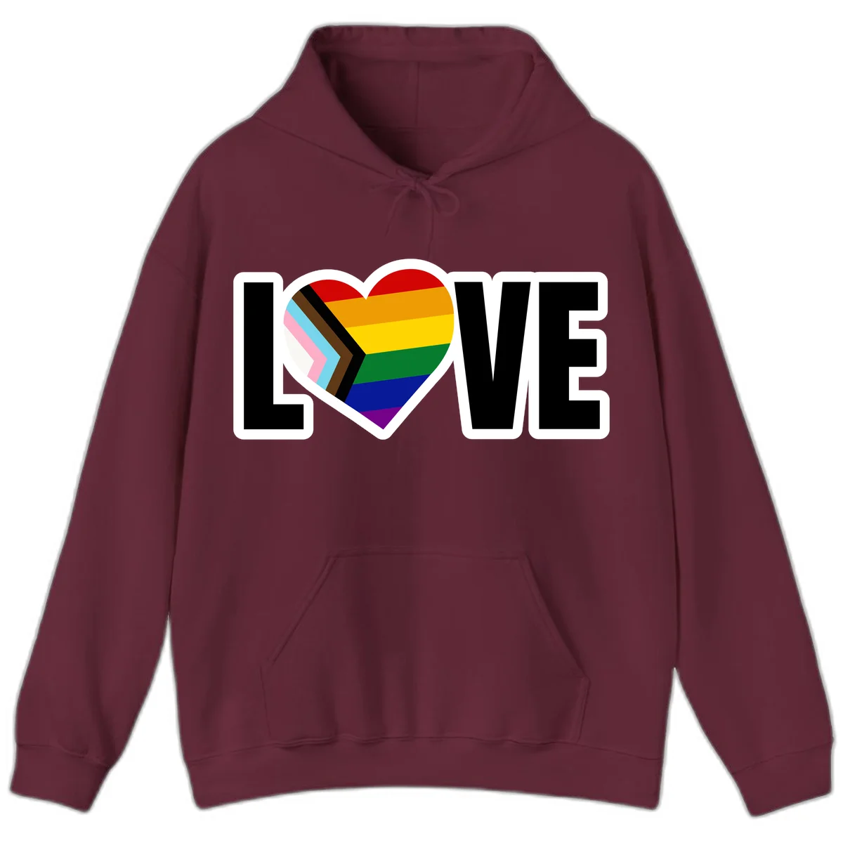 Love is love pride design featuring large black text with a rainbow heart containing the progress pride flag chevron stripes in Maroon