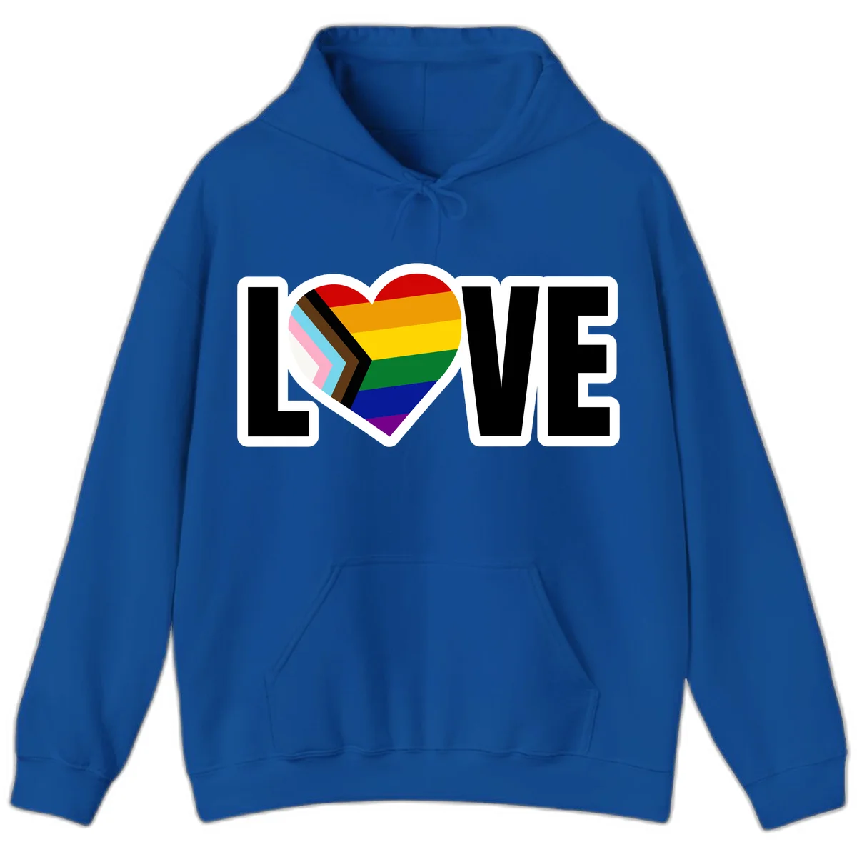 Love is love pride design featuring large black text with a rainbow heart containing the progress pride flag chevron stripes in Royal
