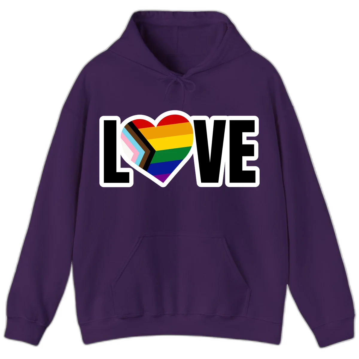 Love is love pride design featuring large black text with a rainbow heart containing the progress pride flag chevron stripes in Purple