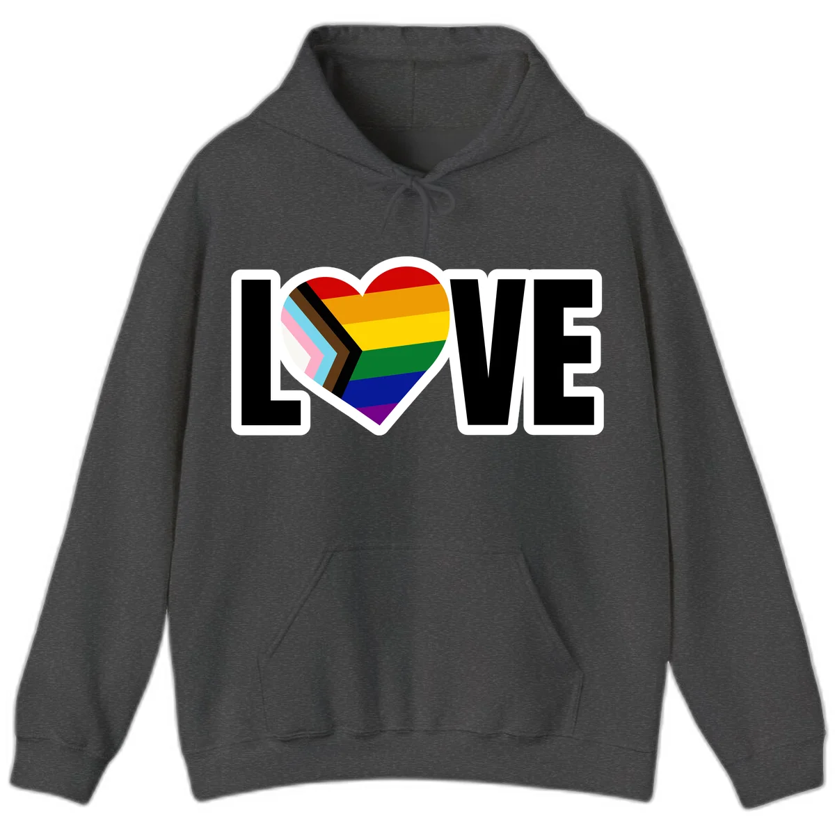 Love is love pride design featuring large black text with a rainbow heart containing the progress pride flag chevron stripes in Dark Heather
