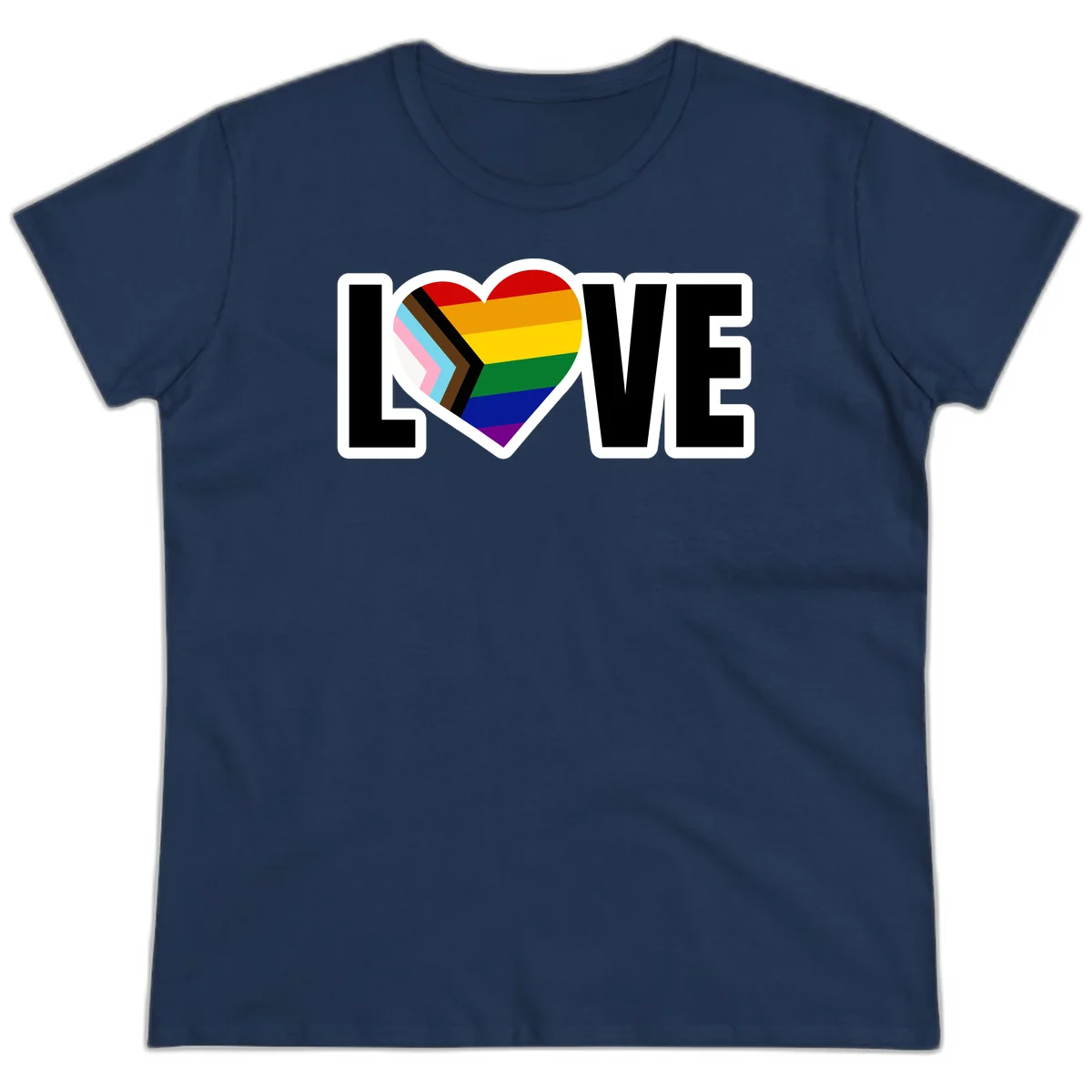 Love is love pride design featuring large black text with a rainbow heart containing the progress pride flag chevron stripes in Navy