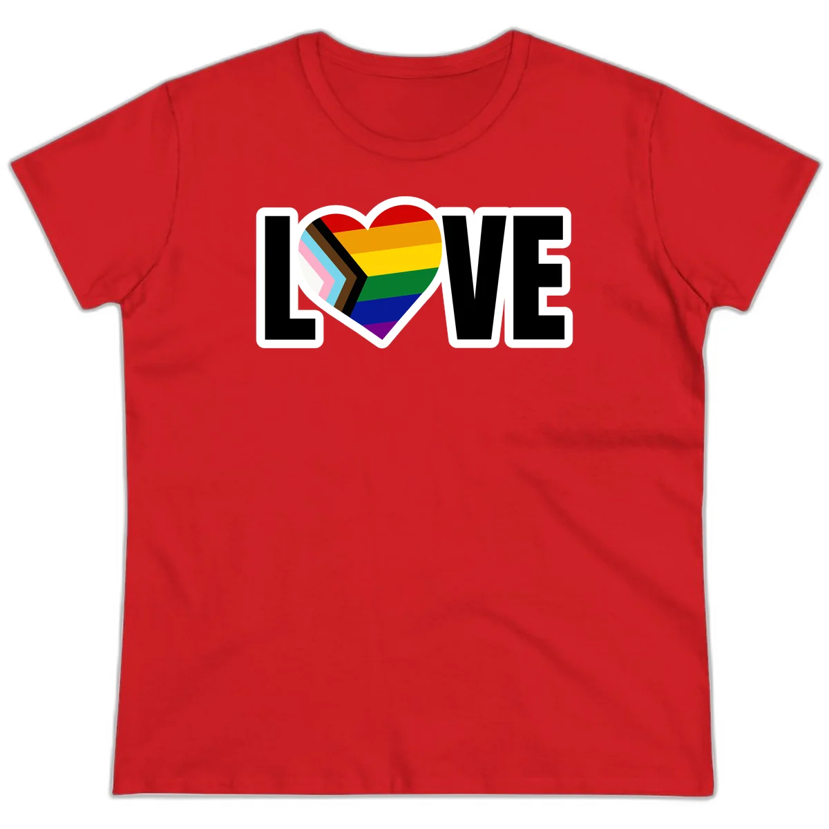 Love is love pride design featuring large black text with a rainbow heart containing the progress pride flag chevron stripes in Red