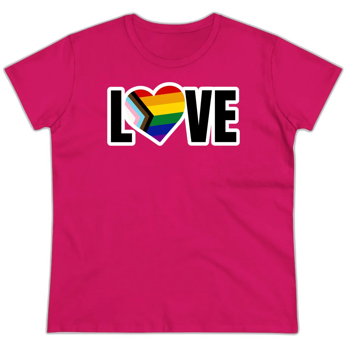 Love is love pride design featuring large black text with a rainbow heart containing the progress pride flag chevron stripes in Heliconia