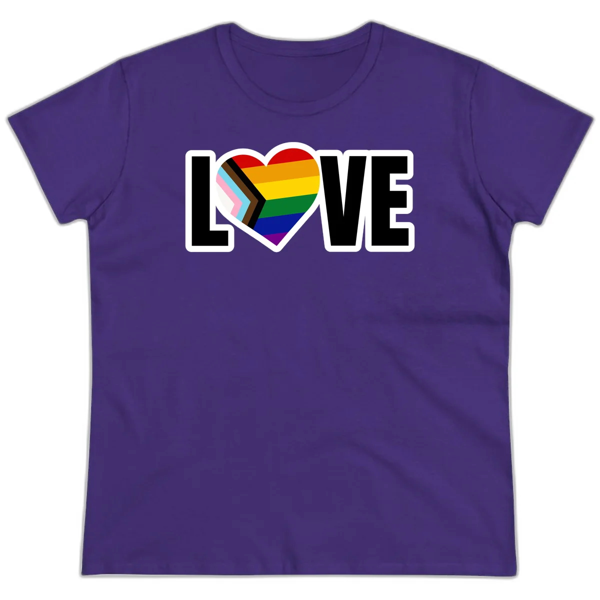 Love is love pride design featuring large black text with a rainbow heart containing the progress pride flag chevron stripes in Purple