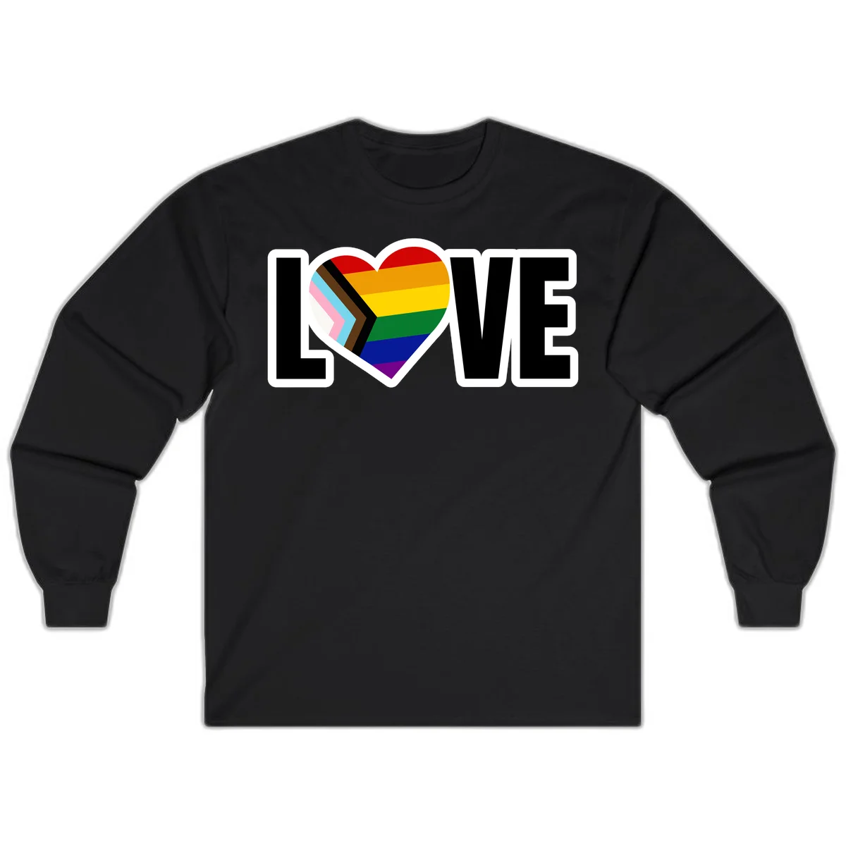 Love is love pride design featuring large black text with a rainbow heart containing the progress pride flag chevron stripes in Black