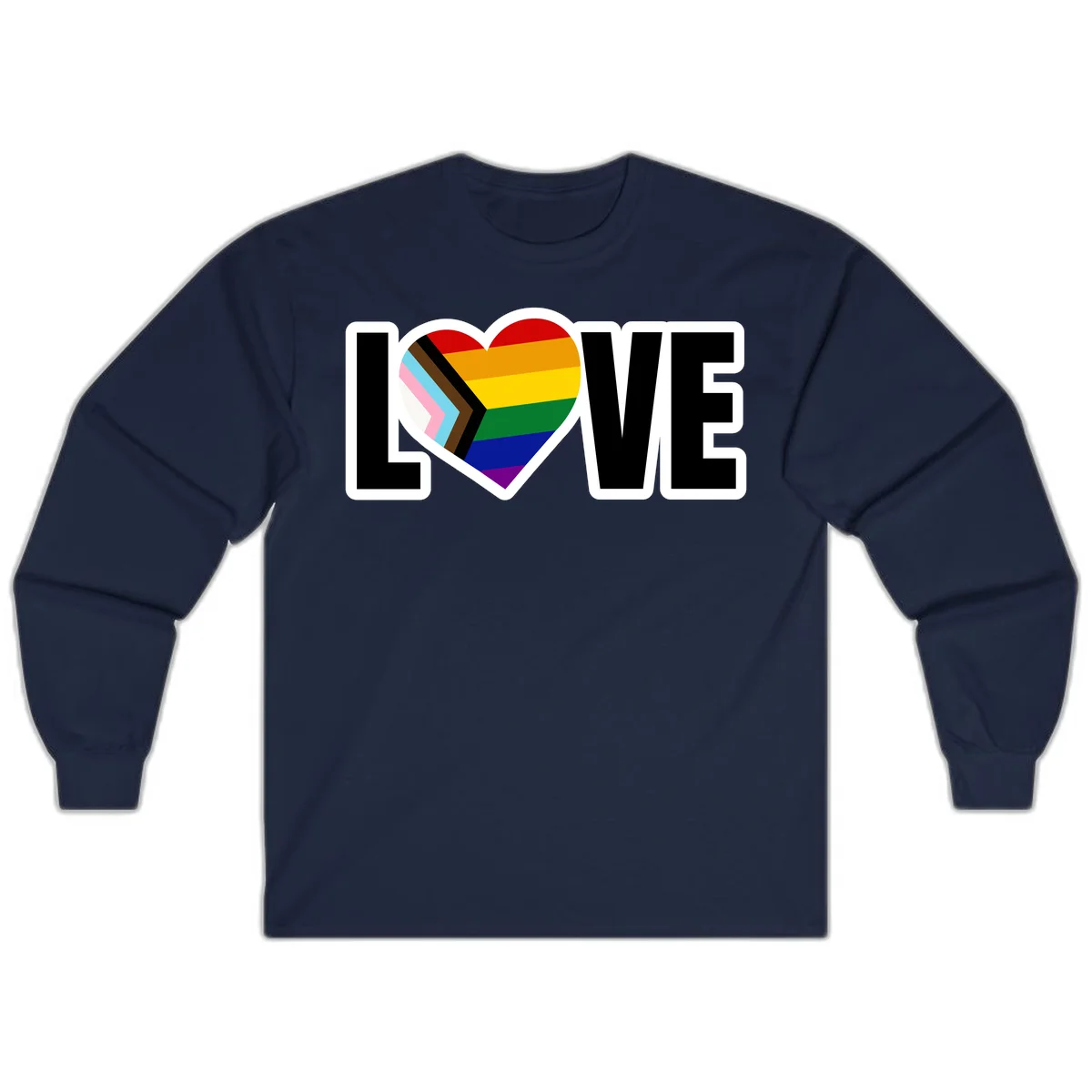 Love is love pride design featuring large black text with a rainbow heart containing the progress pride flag chevron stripes in Navy