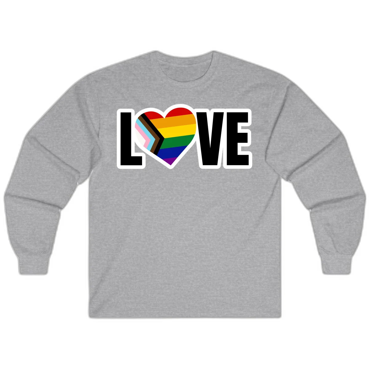 Love is love pride design featuring large black text with a rainbow heart containing the progress pride flag chevron stripes in Sport Grey