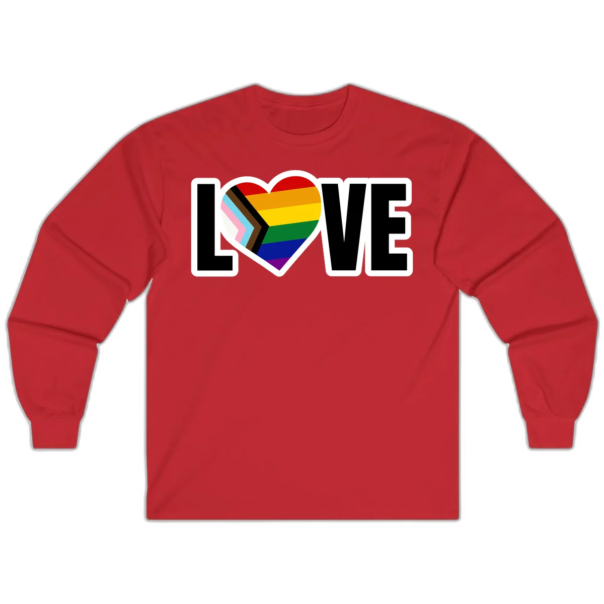 Love is love pride design featuring large black text with a rainbow heart containing the progress pride flag chevron stripes in Red