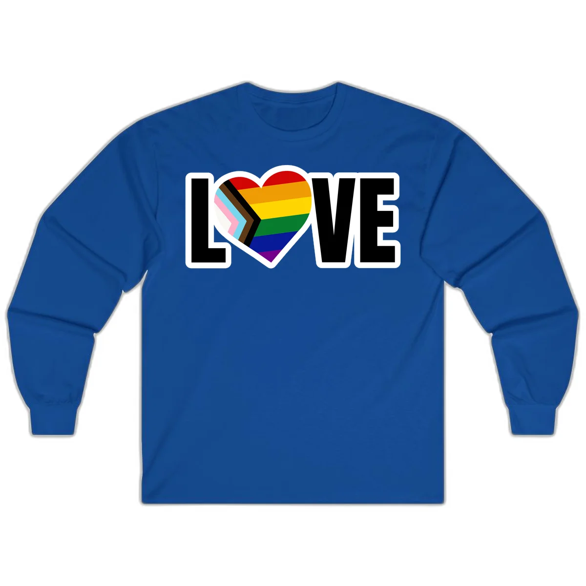 Love is love pride design featuring large black text with a rainbow heart containing the progress pride flag chevron stripes in Royal