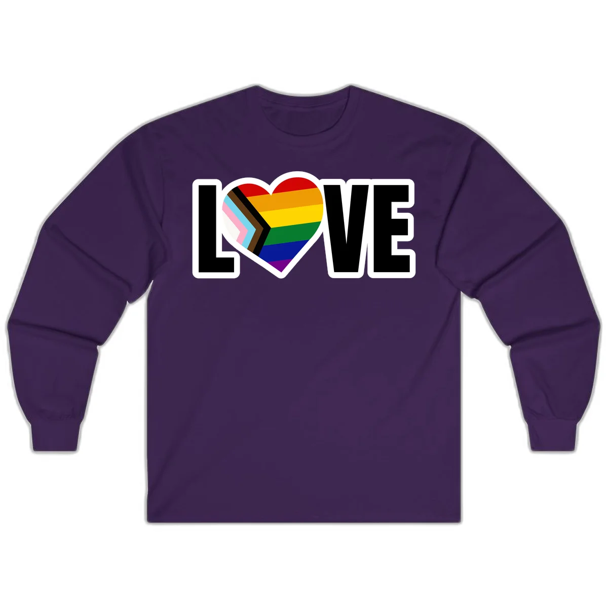 Love is love pride design featuring large black text with a rainbow heart containing the progress pride flag chevron stripes in Purple