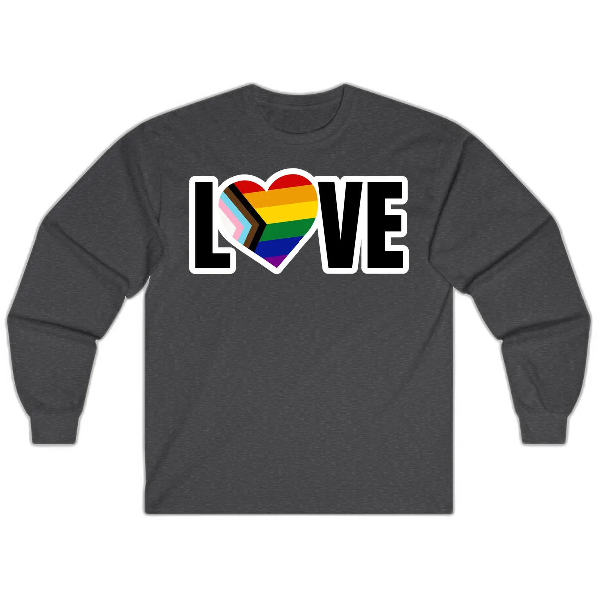 Love is love pride design featuring large black text with a rainbow heart containing the progress pride flag chevron stripes in Dark Heather