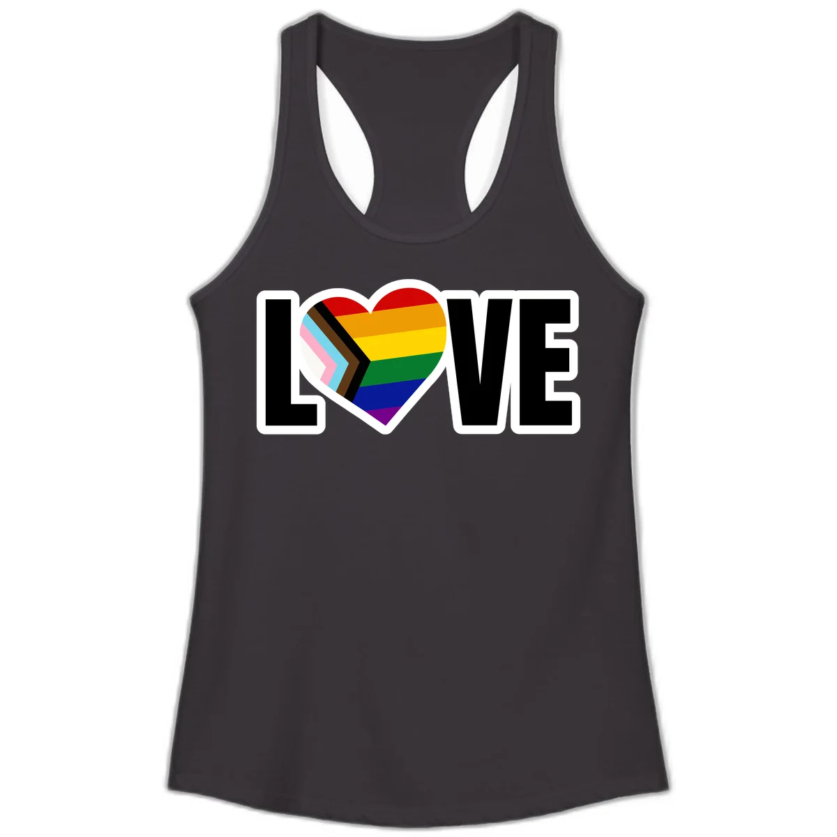 Love is love pride design featuring large black text with a rainbow heart containing the progress pride flag chevron stripes in Black