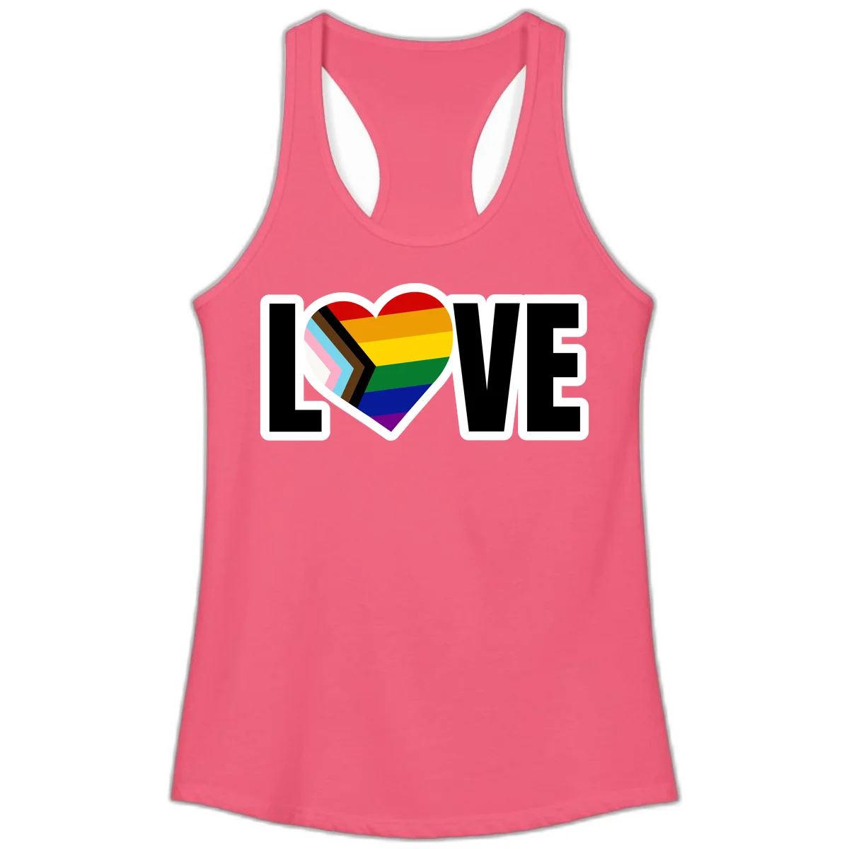 Love is love pride design featuring large black text with a rainbow heart containing the progress pride flag chevron stripes in Hot Pink