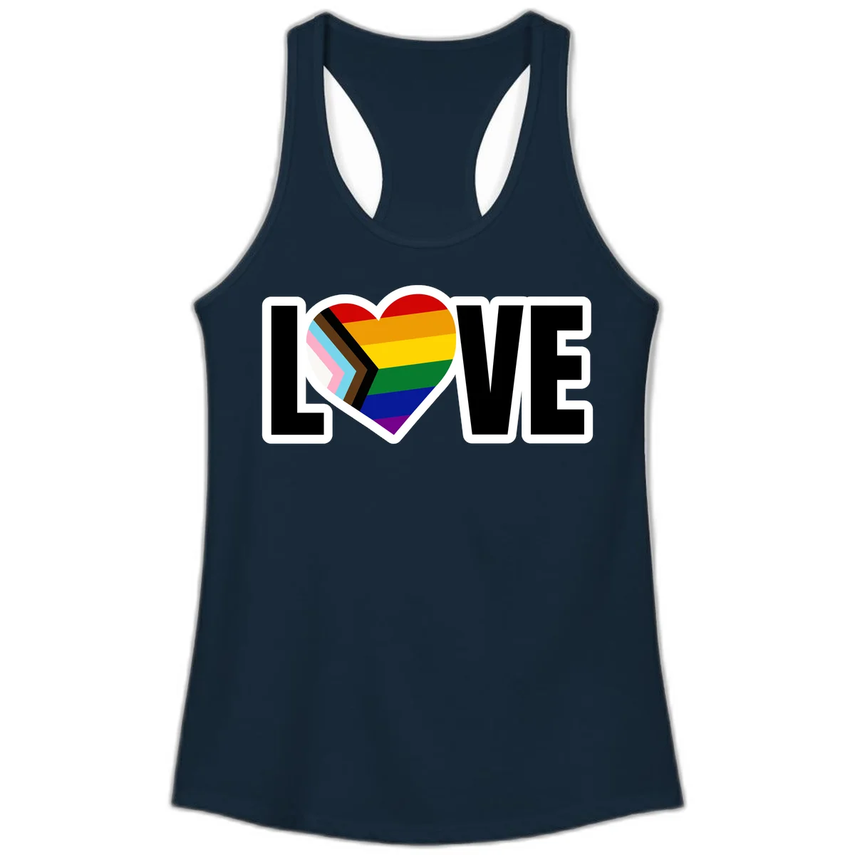 Love is love pride design featuring large black text with a rainbow heart containing the progress pride flag chevron stripes in Solid Midnight Navy