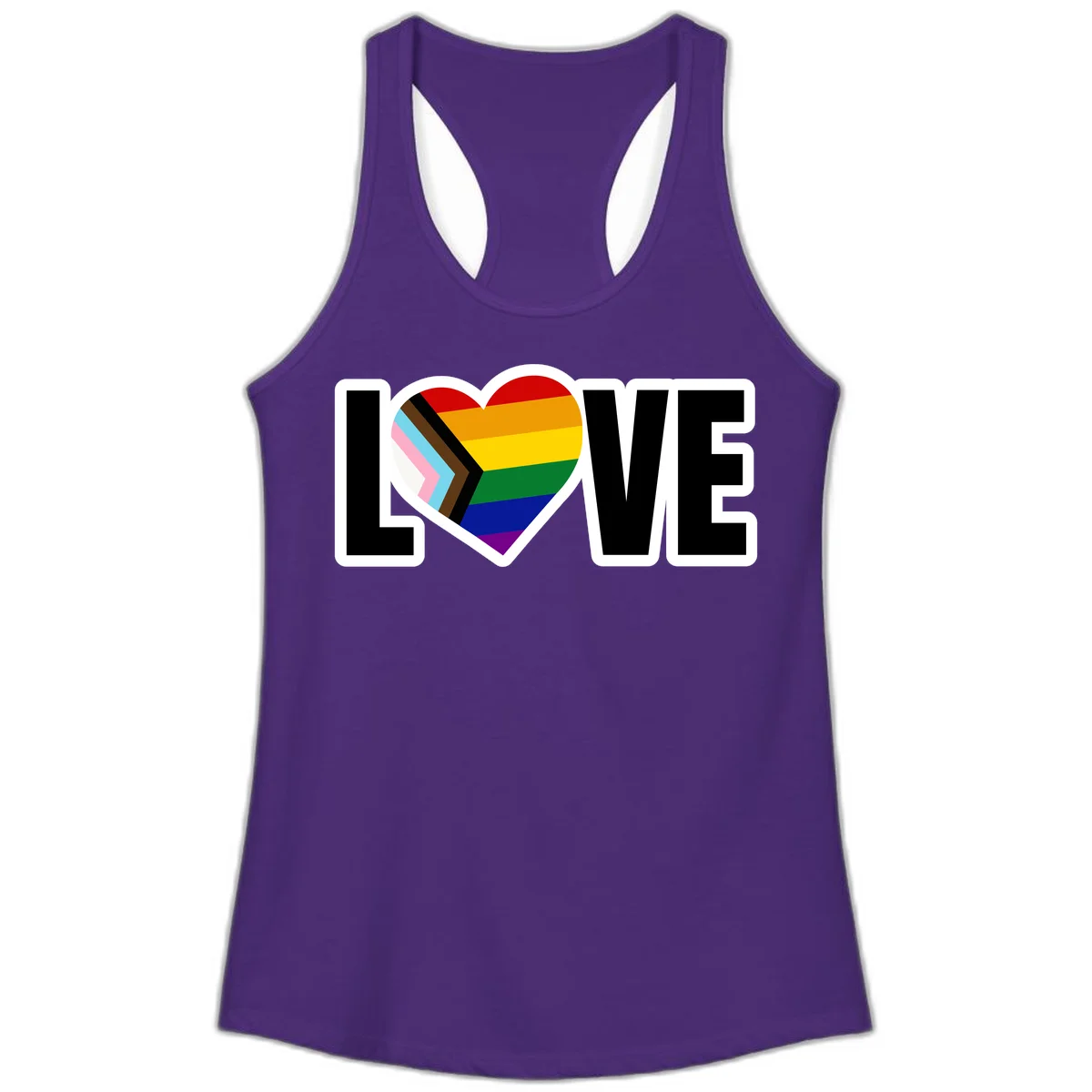 Love is love pride design featuring large black text with a rainbow heart containing the progress pride flag chevron stripes in Solid Purple Rush