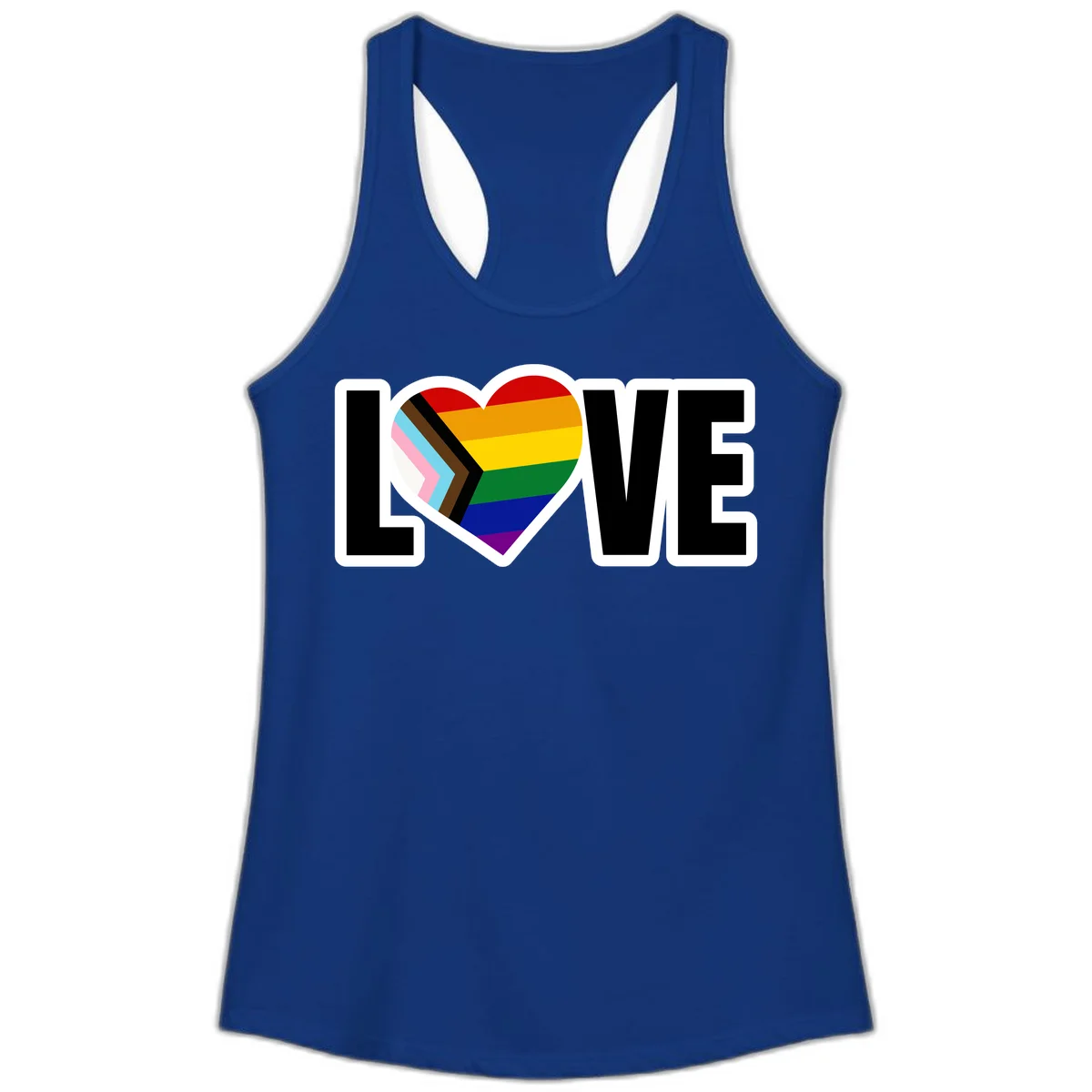 Love is love pride design featuring large black text with a rainbow heart containing the progress pride flag chevron stripes in Solid Royal