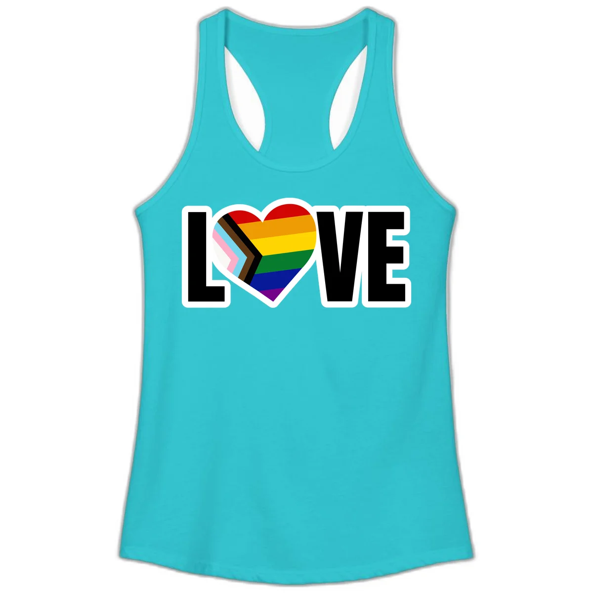 Love is love pride design featuring large black text with a rainbow heart containing the progress pride flag chevron stripes in Solid Tahiti Blue