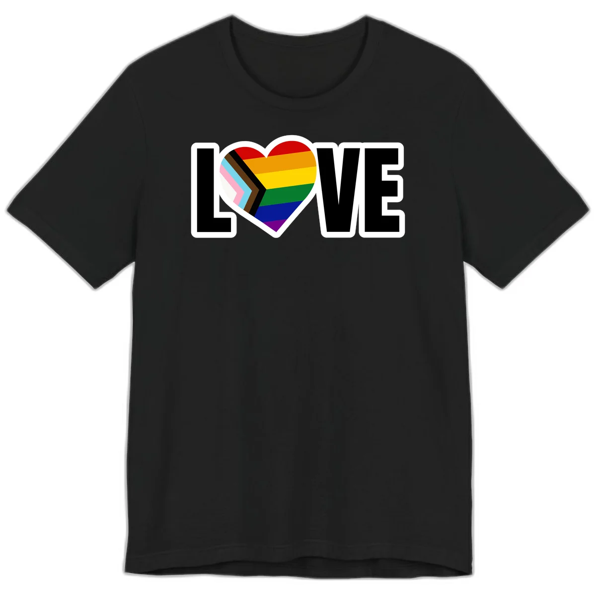 Love is love pride design featuring large black text with a rainbow heart containing the progress pride flag chevron stripes in Black