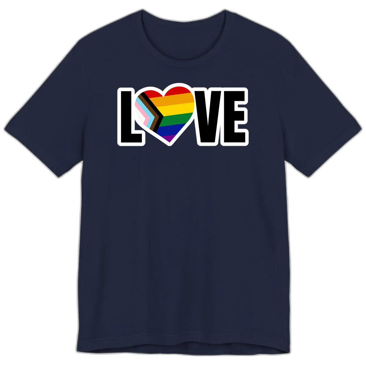Love is love pride design featuring large black text with a rainbow heart containing the progress pride flag chevron stripes in Navy
