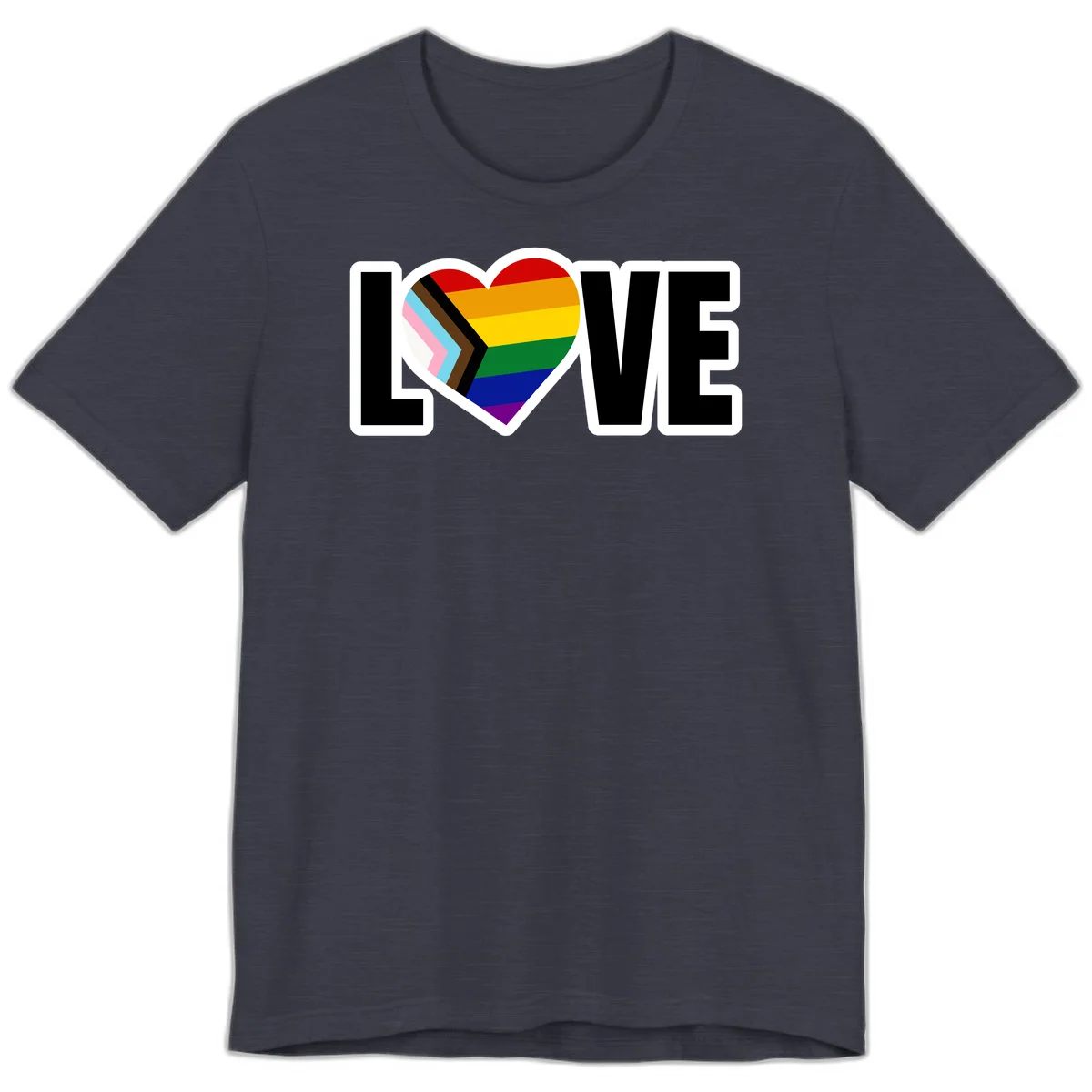 Love is love pride design featuring large black text with a rainbow heart containing the progress pride flag chevron stripes in Heather Midnight Navy