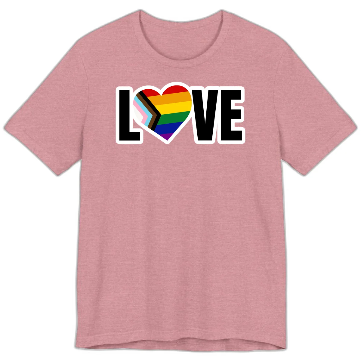 Love is love pride design featuring large black text with a rainbow heart containing the progress pride flag chevron stripes in Heather Orchid