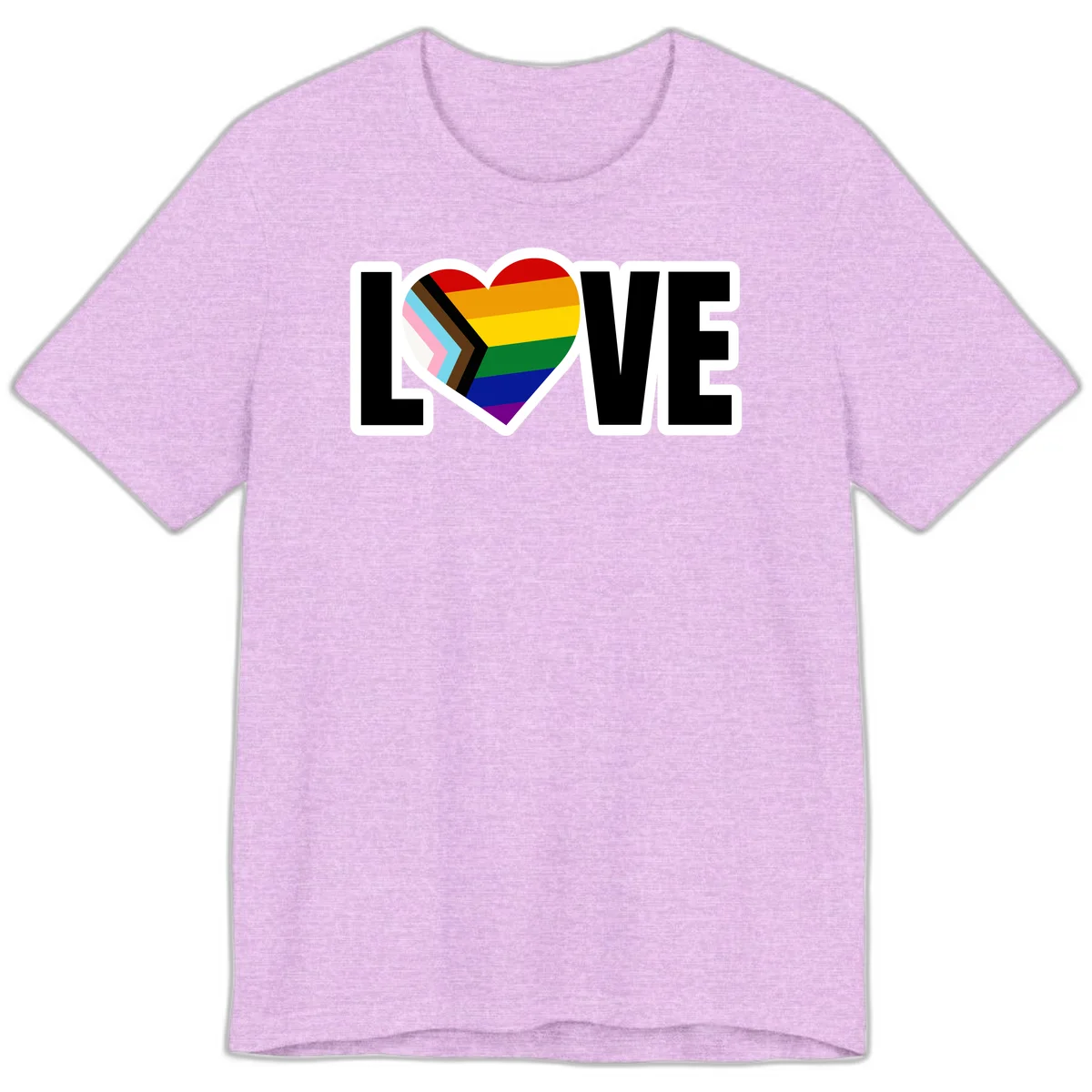 Love is love pride design featuring large black text with a rainbow heart containing the progress pride flag chevron stripes in Heather Prism Lilac
