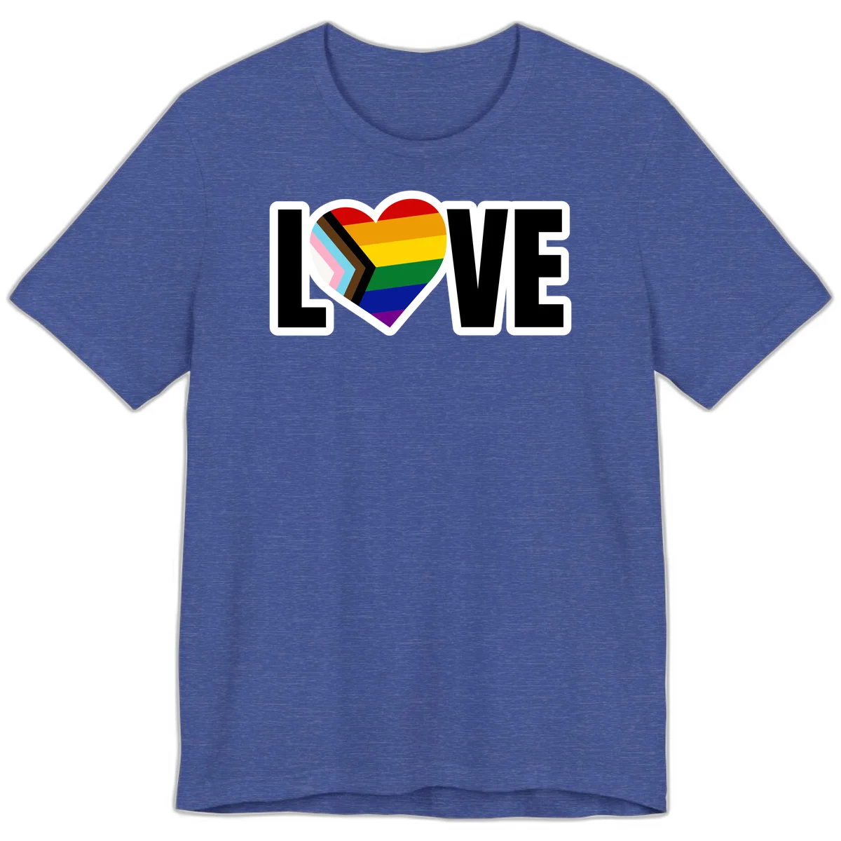 Love is love pride design featuring large black text with a rainbow heart containing the progress pride flag chevron stripes in Heather True Royal